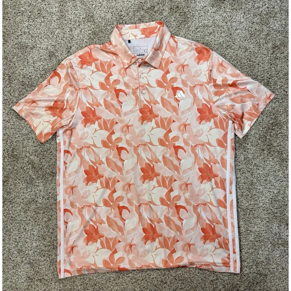 Adidas Performance Golf Polo Shirt Men’s L Floral Orange Triple Stripe Stretch